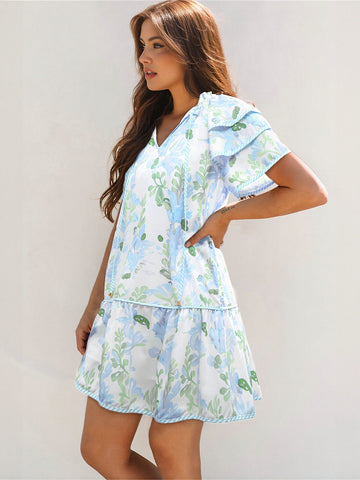 Ruffle Sleeve Blue Trim Mini Dress