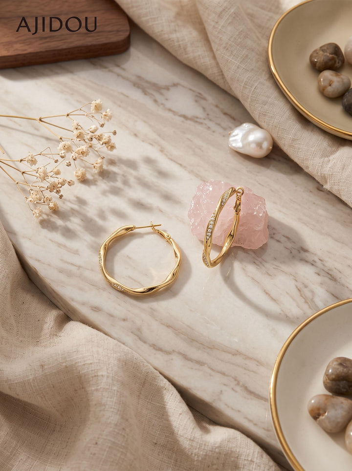 Twisted Gold Pave Hoop Earrings