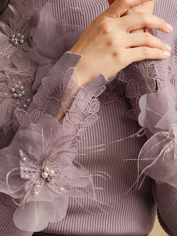Floral Applique Ribbed Mock Neck Sweater