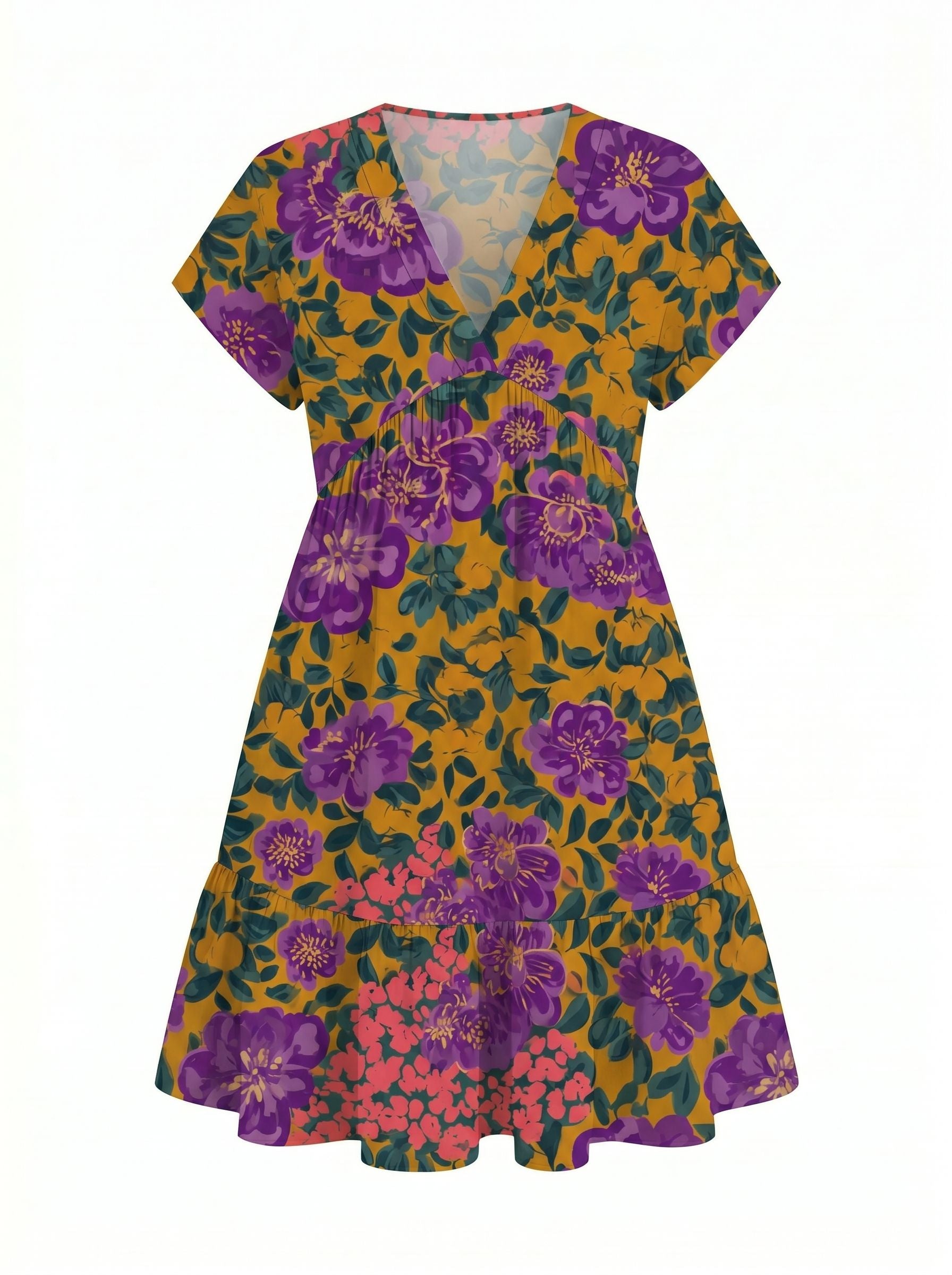 EVA Floral Print V Neck Tiered Babydoll Mini Dress