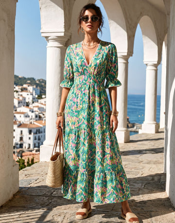 Boho Floral V Neck Maxi Dress