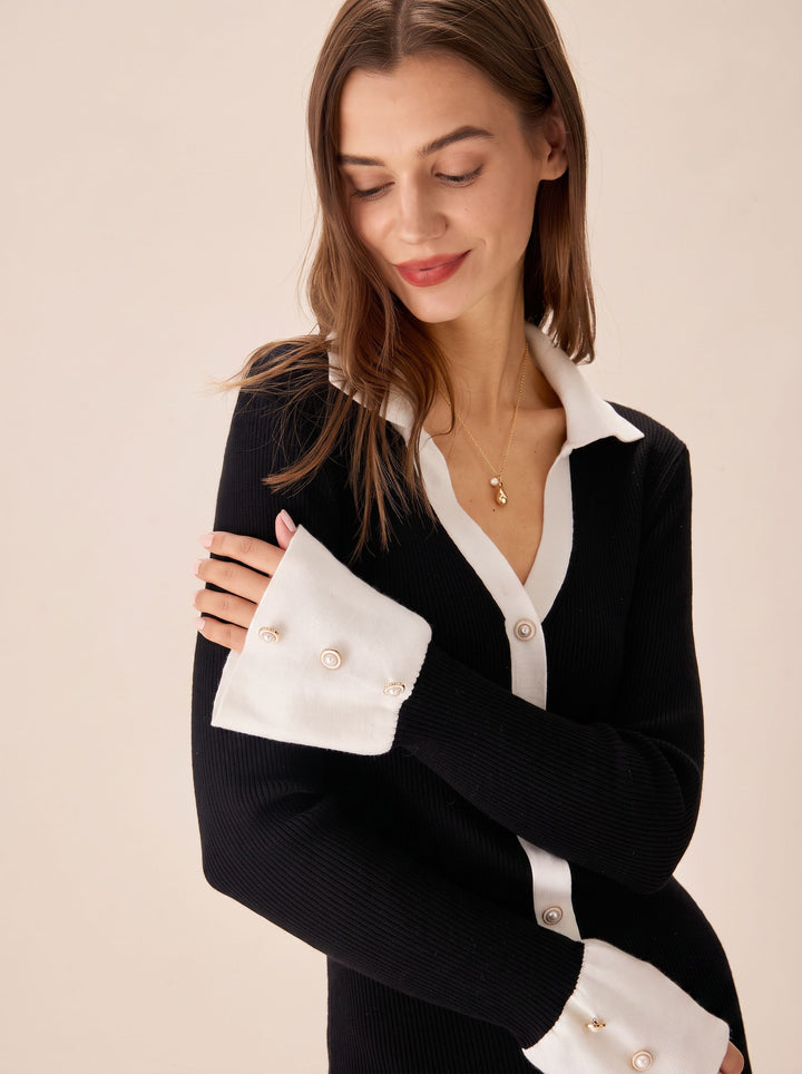 Contrast Button Down Knit Mini Dress