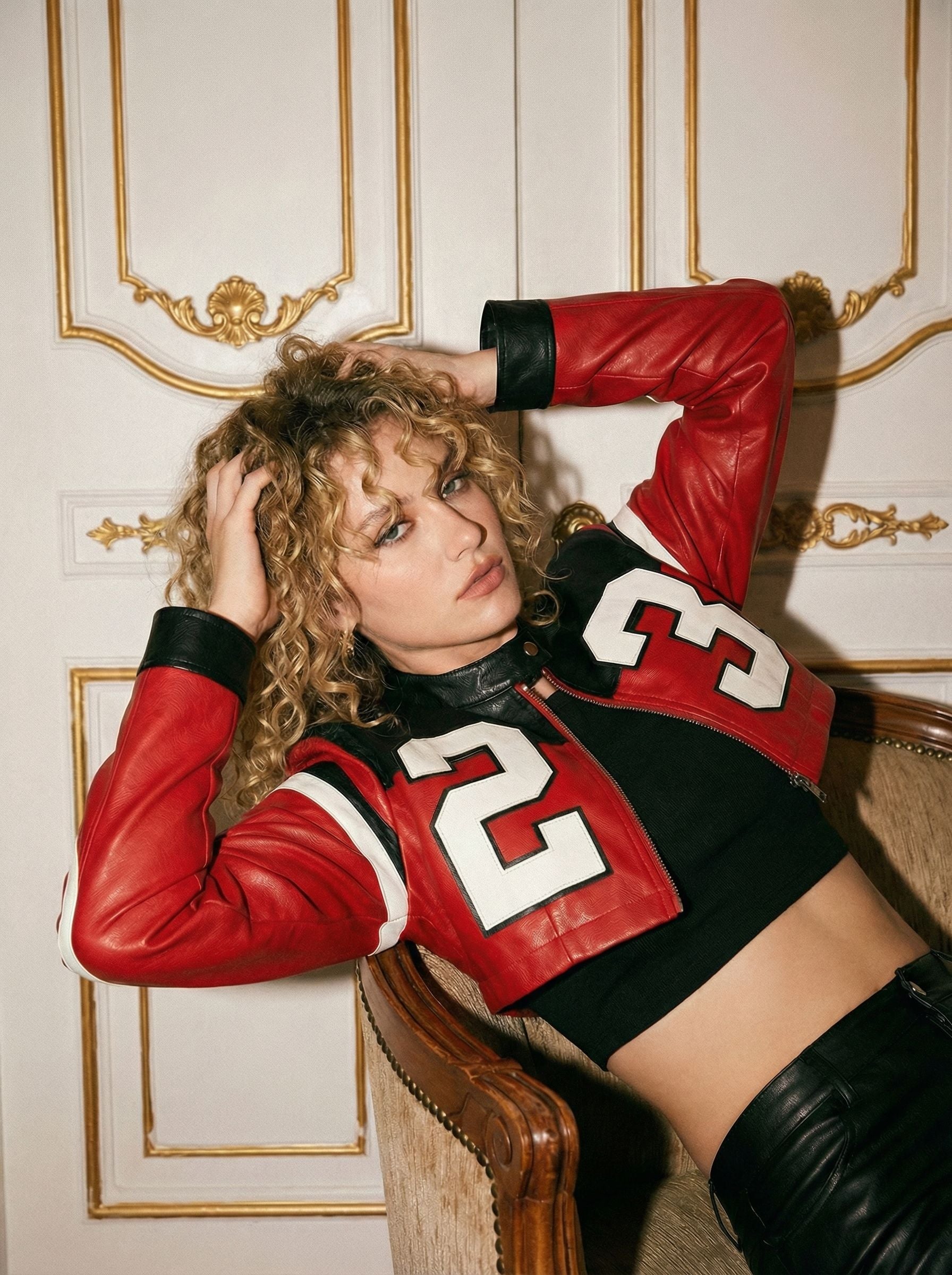 Cropped Spliced Number Print Sporty Jacket - Red