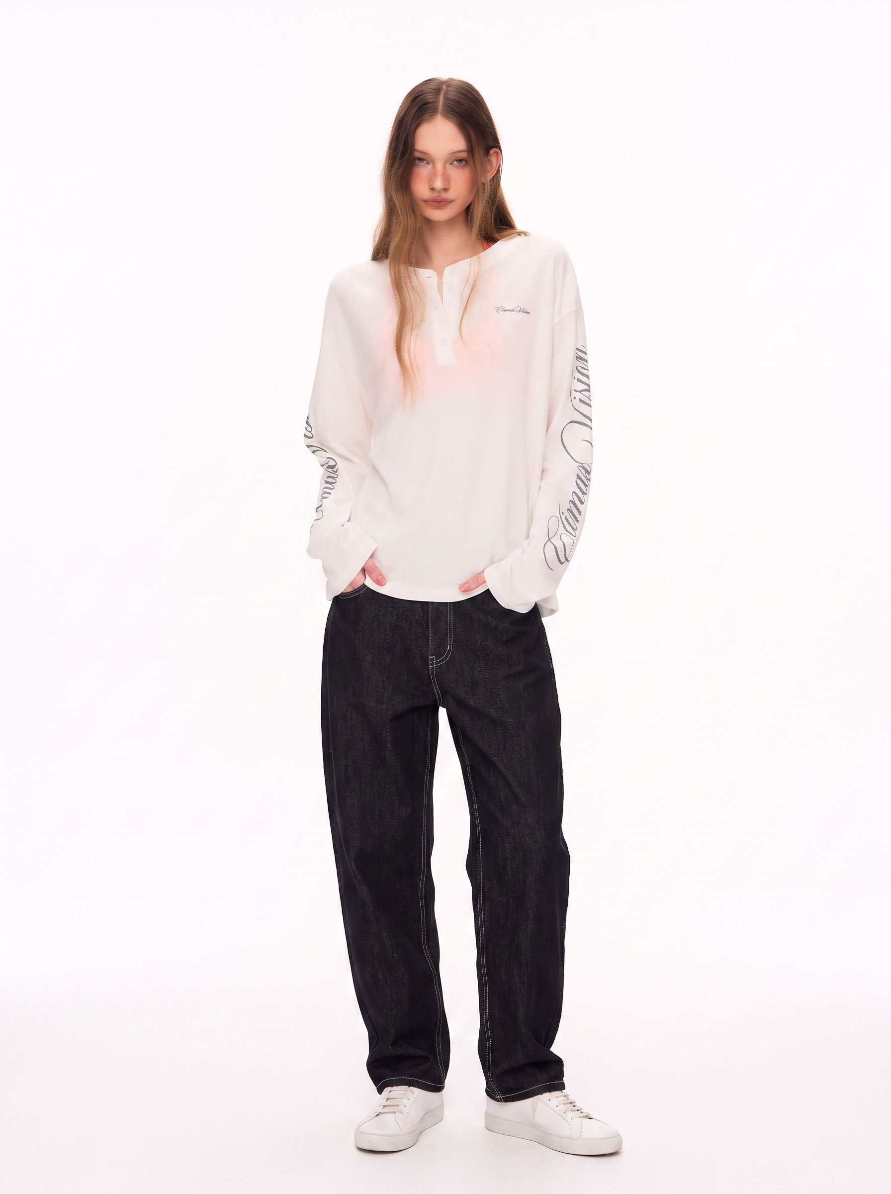Oversized Thermal Henley Long Sleeve T Shirt