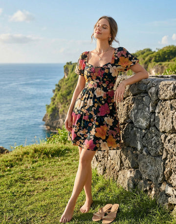 AYLA Floral Print Puff Sleeve Tiered Mini Dress