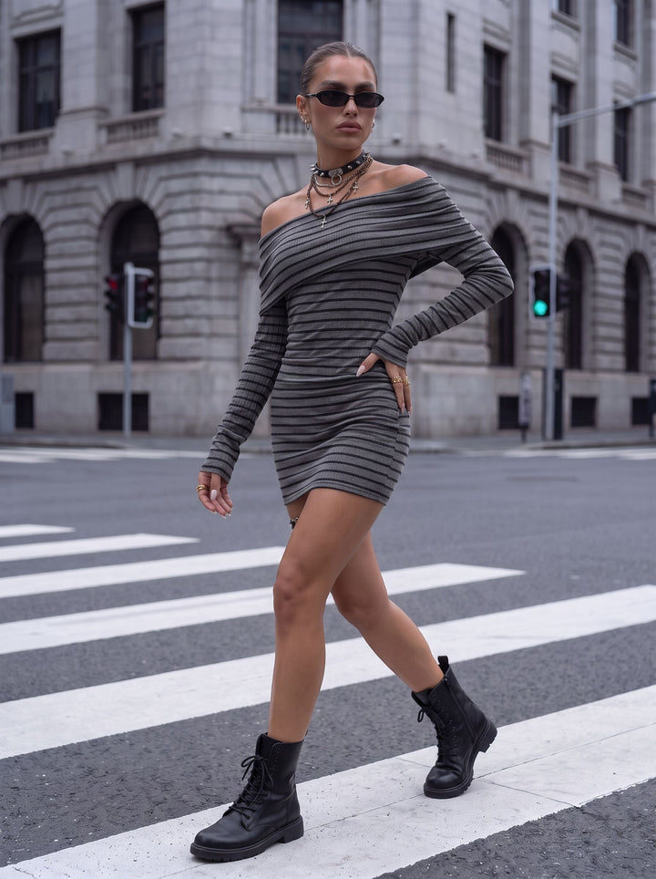 Off Shoulder Striped Ribbed Mini Dress