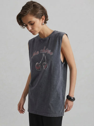 MO&Co. Cherry Sleeveless Cotton T-shirt
-Grey
