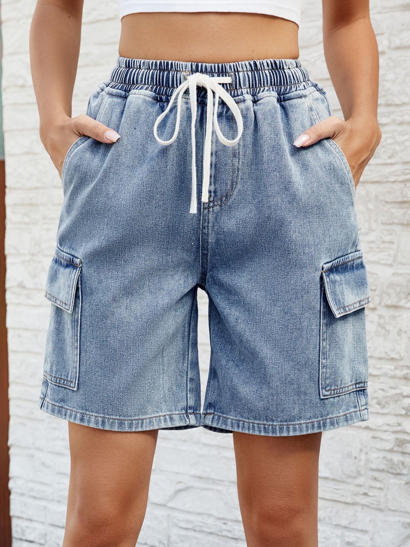 High Waisted Drawstring Cargo Denim Shorts