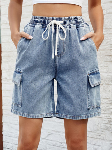 High Waisted Drawstring Cargo Denim Shorts