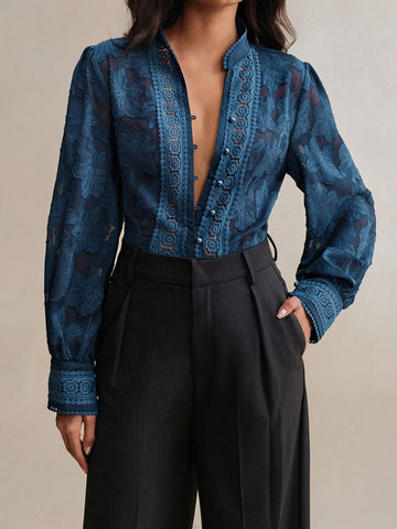 Sheer Floral Embroidered Button Down Shirt