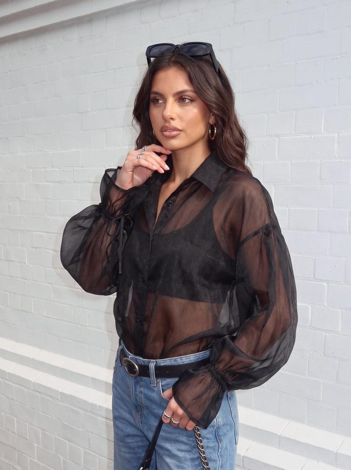 Sheer Balloon Sleeve Button Up Shirt