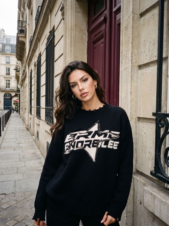 Distressed Graphic Oversized Knit Sweater