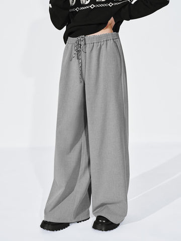 Urban Revivo Contrast Trim Drawstring Pull On Wide Leg Pants-Light Gray