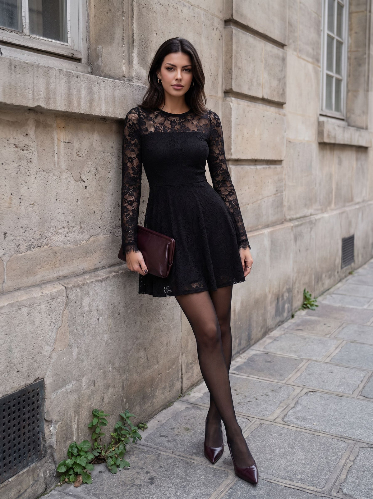 Elegant Long Sleeve Lace Mini Dress