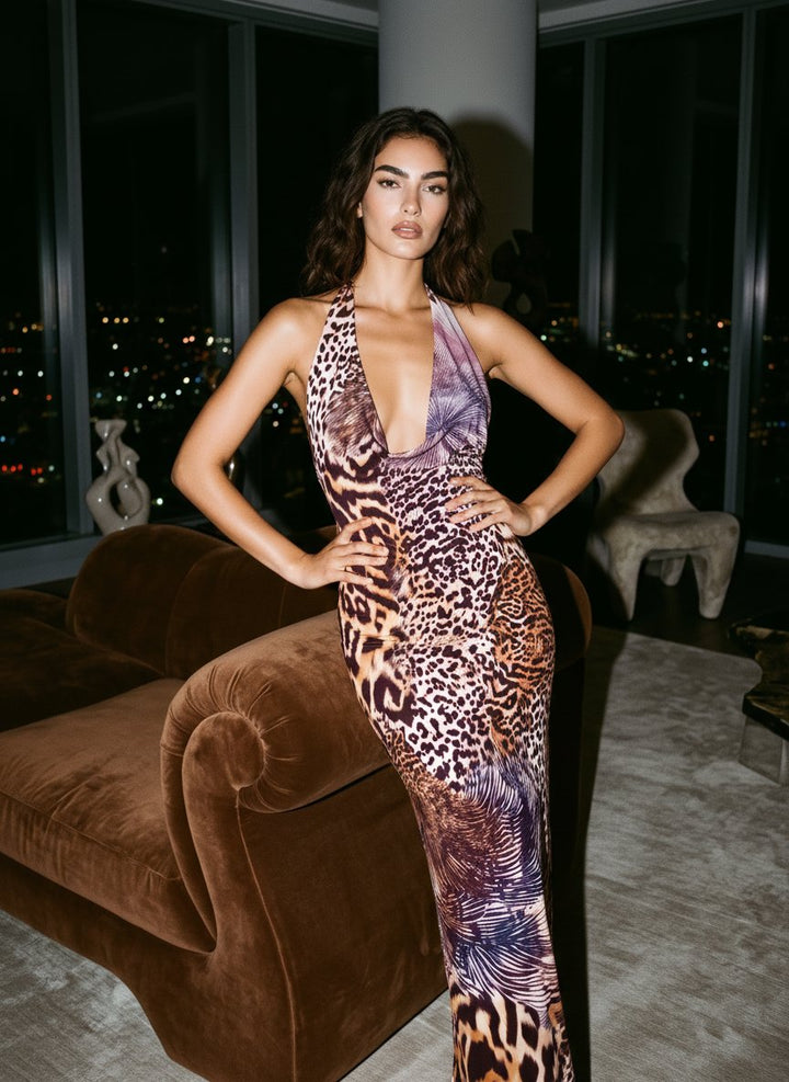 LILA Mixed Leopard Pattern Cowl Neck Bodycon Maxi Dress