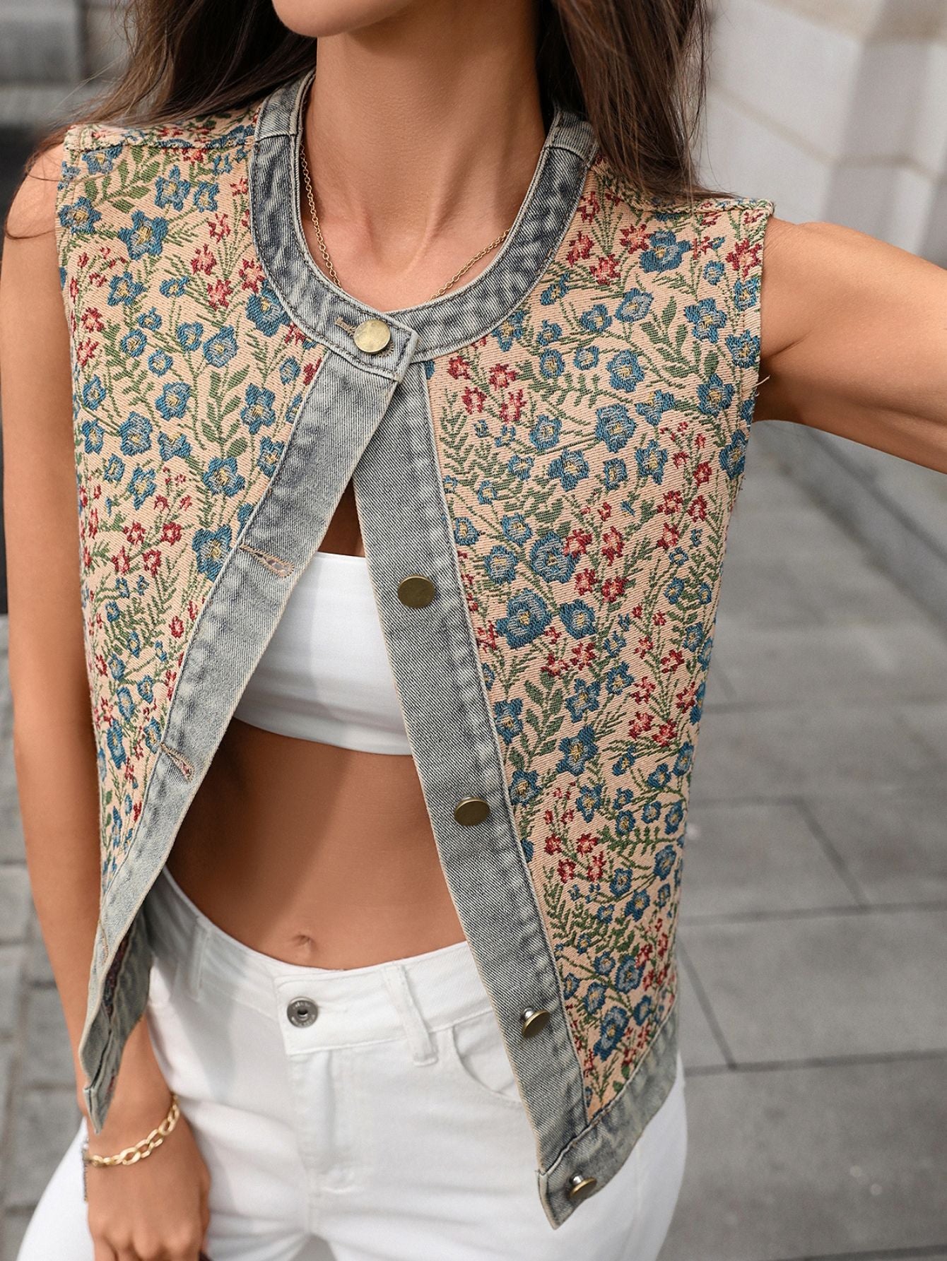 Floral Print Button Down Denim Vest