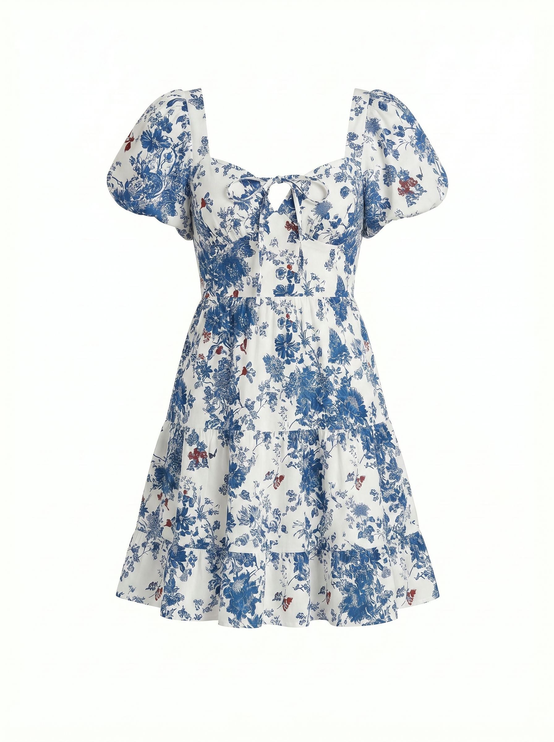 Floral Print Puff Sleeve Tiered Mini Dress