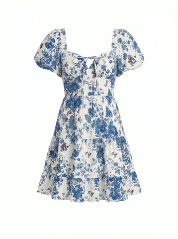 Floral Print Puff Sleeve Tiered Mini Dress