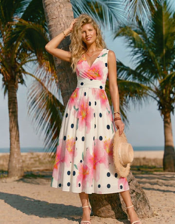 CORINNE
Floral Print V Neck A Line Midi Dress