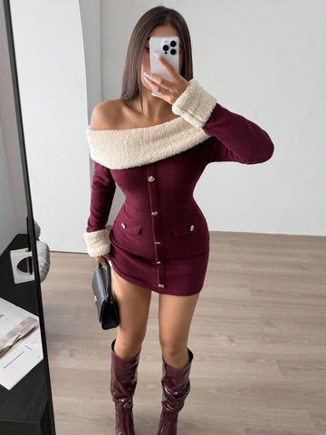 Faux Fur Trim Off Shoulder Dress
