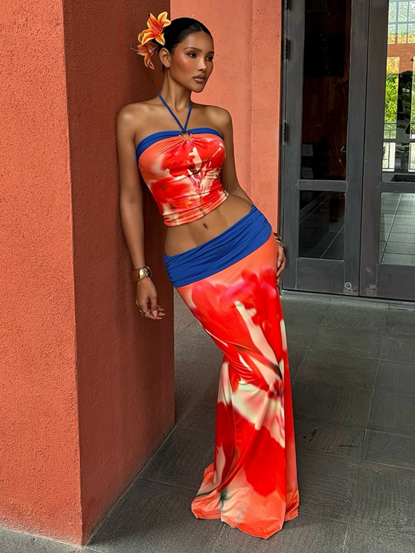 Vibrant Halter Top Maxi Skirt Set