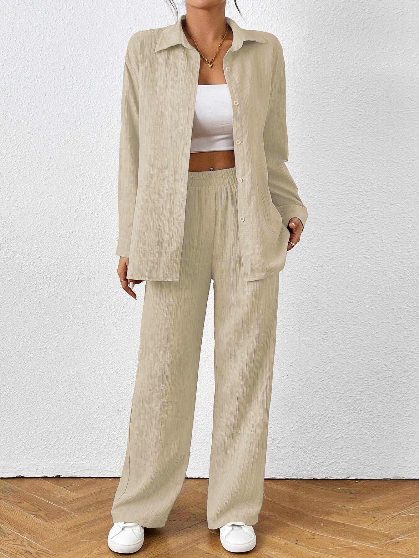 Casual Textured Wide Leg Pant Set