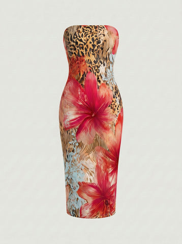 MAIA Floral Print Strapless Sheath Midi Dress
