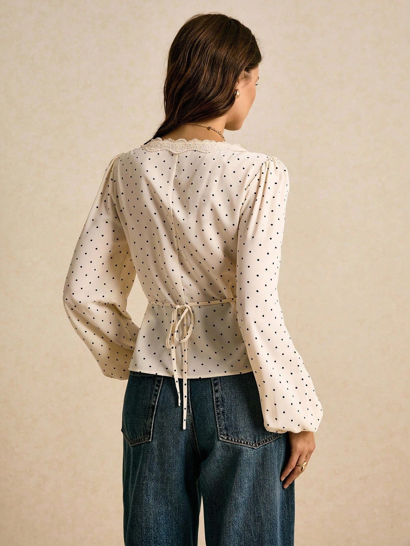 Polka-Dot Lace-Trim Lantern-Sleeve Vintage Blouse-White