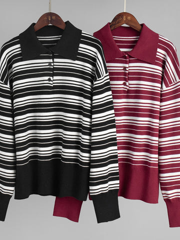 Oversized Striped Polo Collar Knit Sweater