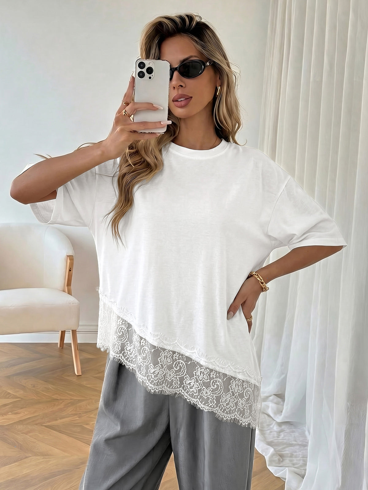 Asymmetric Lace Trim Casual T-Shirt