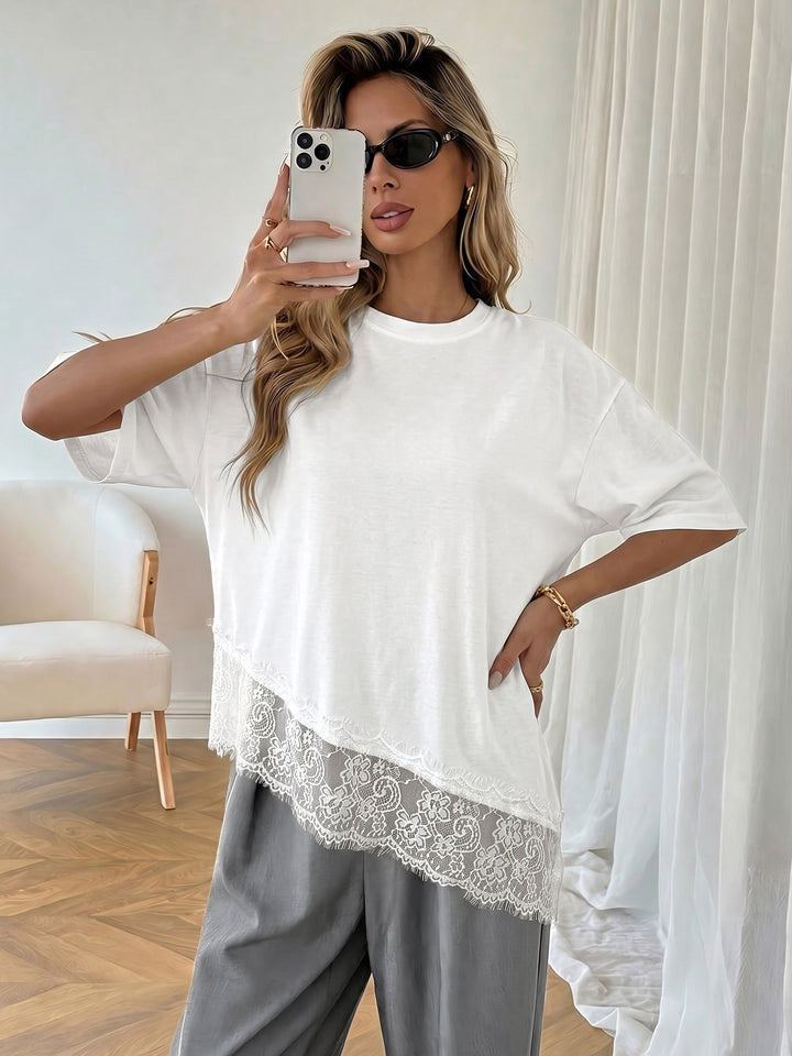 Asymmetric Lace Trim Casual T-Shirt