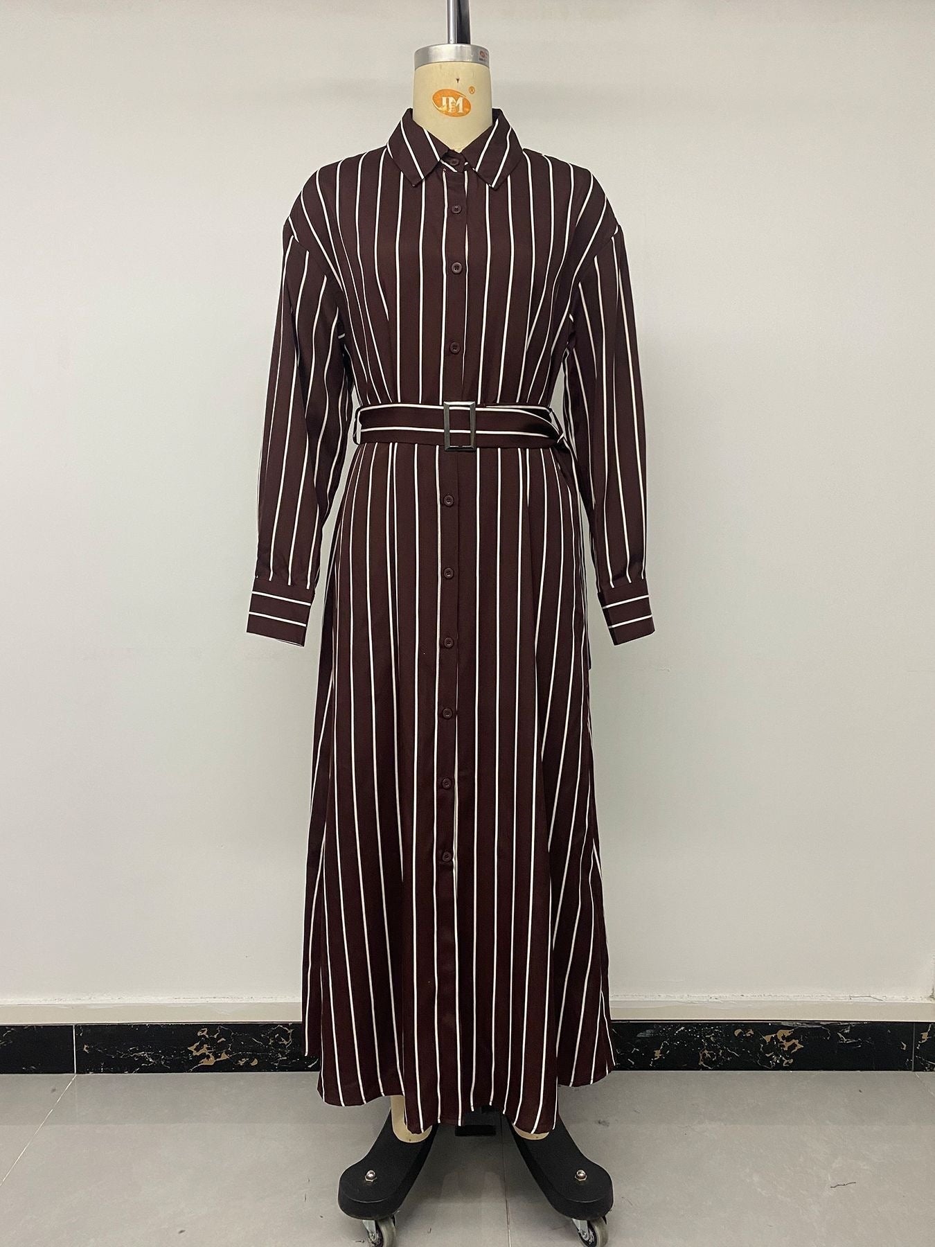Elegant Striped Belted Shirt Dress