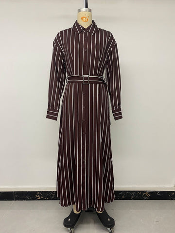 Elegant Striped Belted Shirt Dress