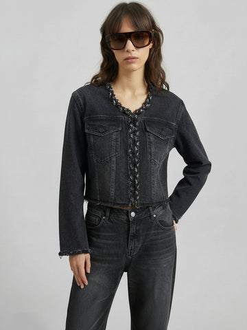 Cropped Collarless Denim Jacket