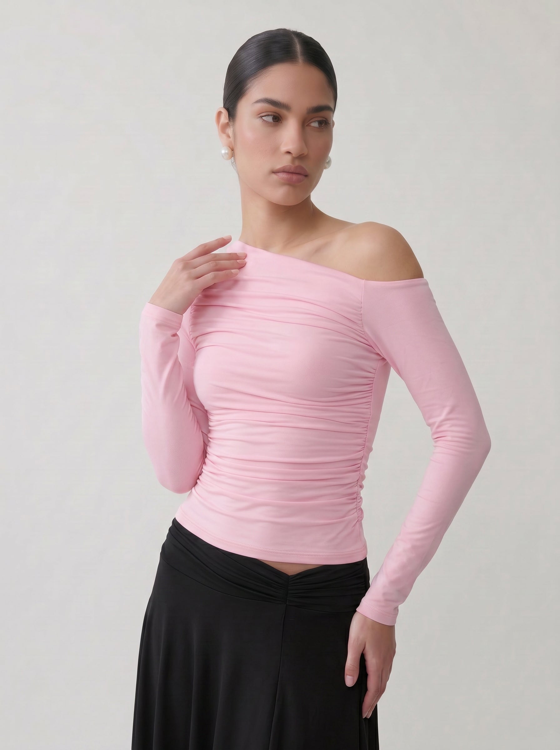 Ruched One Shoulder Long Sleeve Top