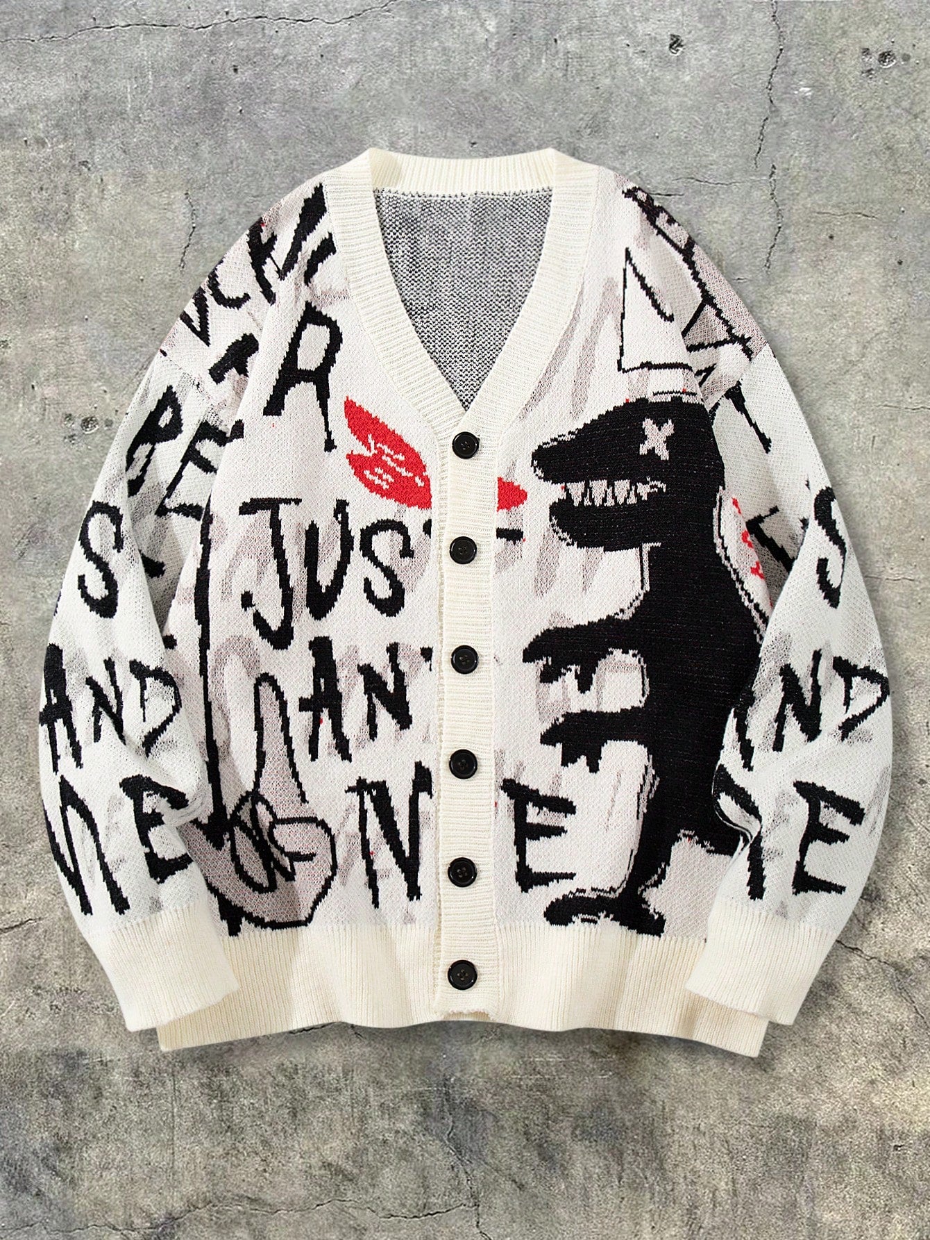 Oversized Graphic Print Knit Cardigan