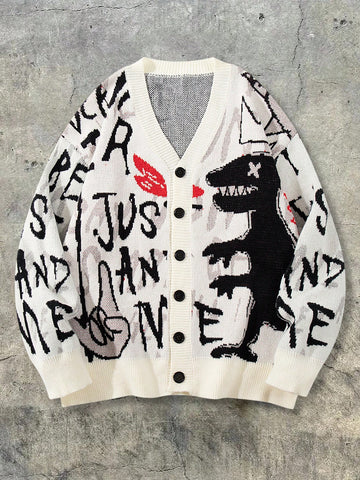 Oversized Graphic Print Knit Cardigan
