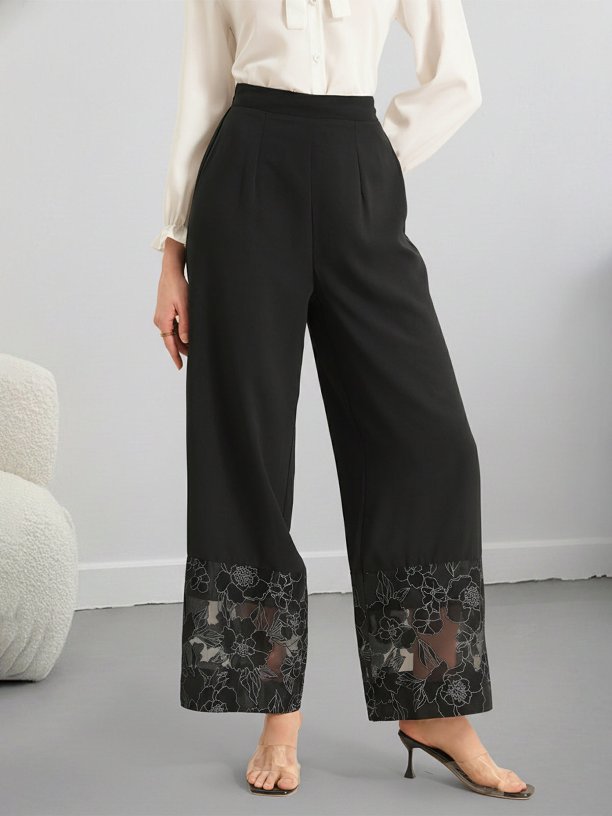 Lace-Hem High-Waisted Elegant Pants
