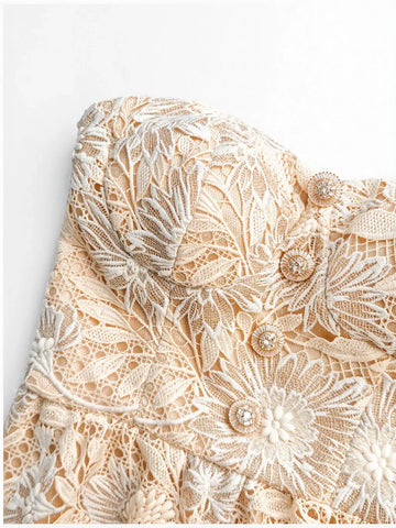 Strapless Floral Lace Belted Maxi Dress