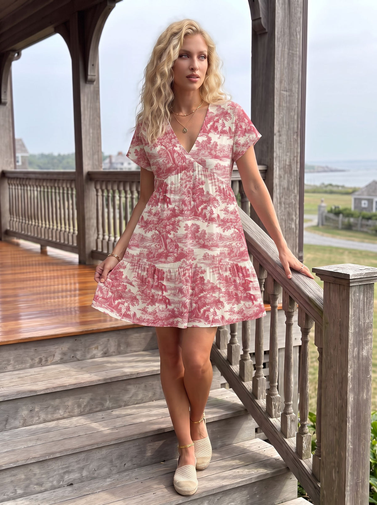 Red Toile Print Mini Dress