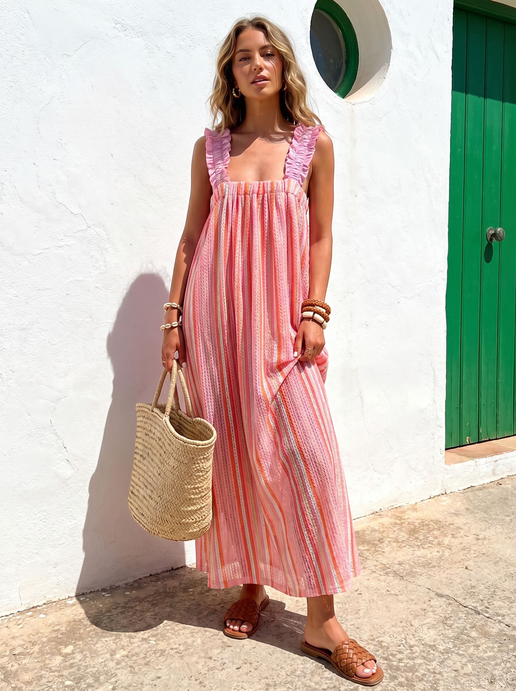 Color Block Ruffle Strap Maxi Dress
