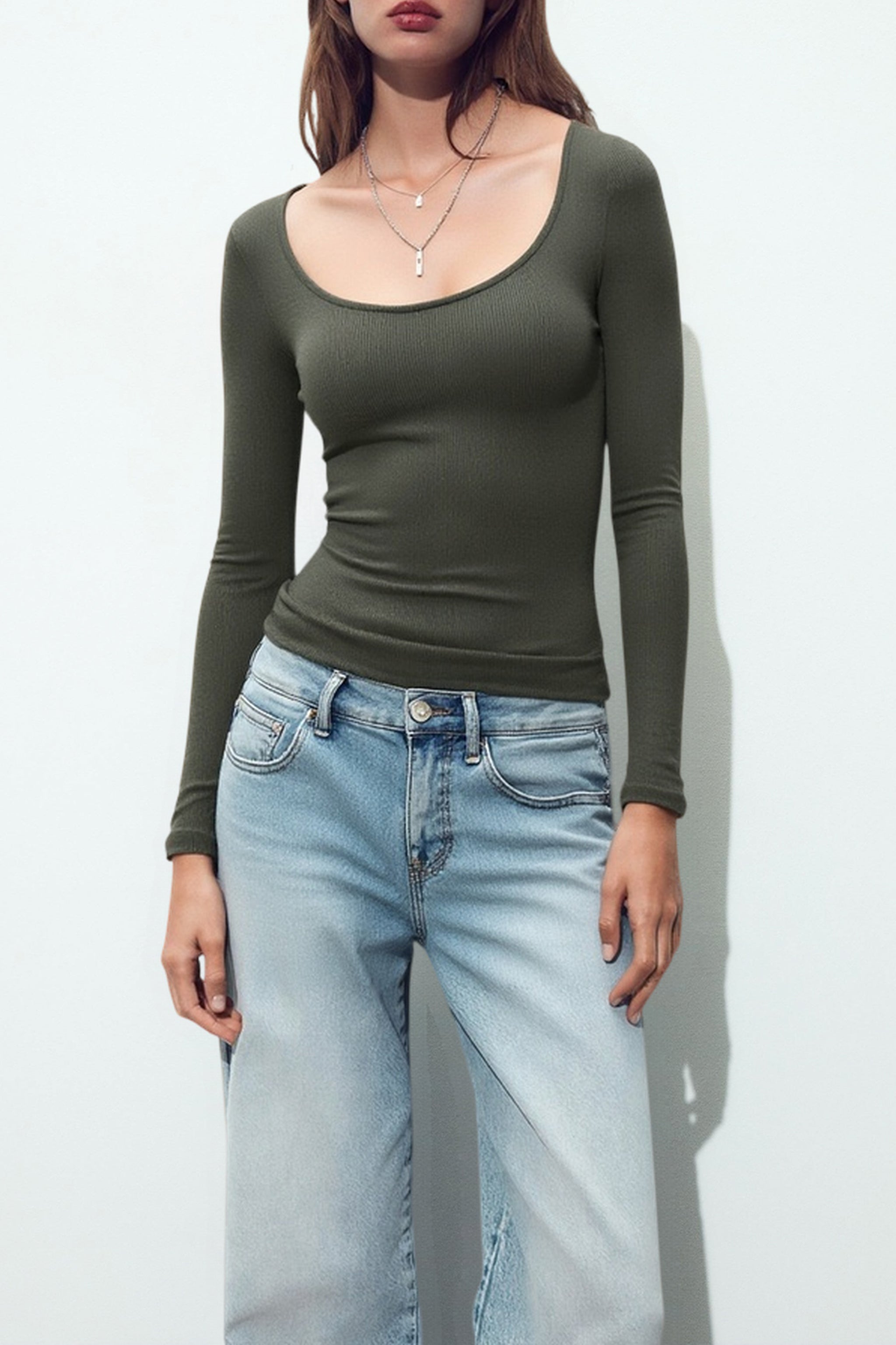 Scoop Neck Long Sleeve Fitted Casual T-Shirt-Army Green