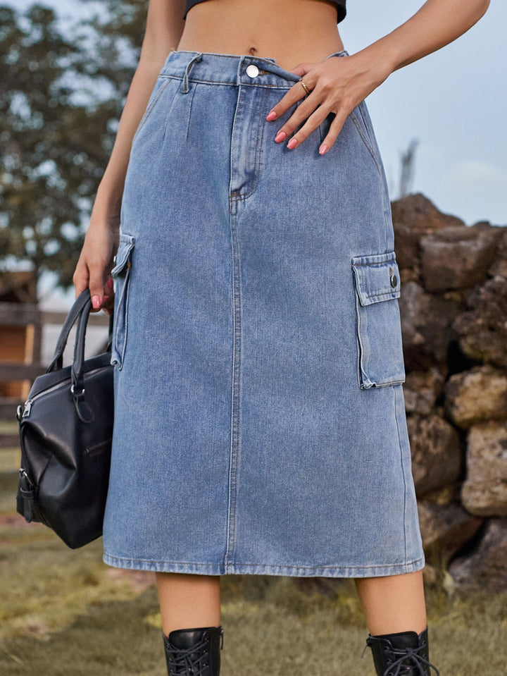 High Waisted Cargo Denim Midi Skirt