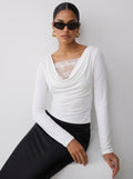 Elegant Lace Trim Cowl Neck T-shirt