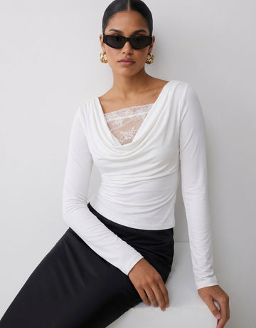 Elegant Lace Trim Cowl Neck T-shirt