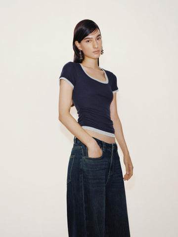 Urban Revivo Contrast Trim Scoop Neck Ruched T-Shirts