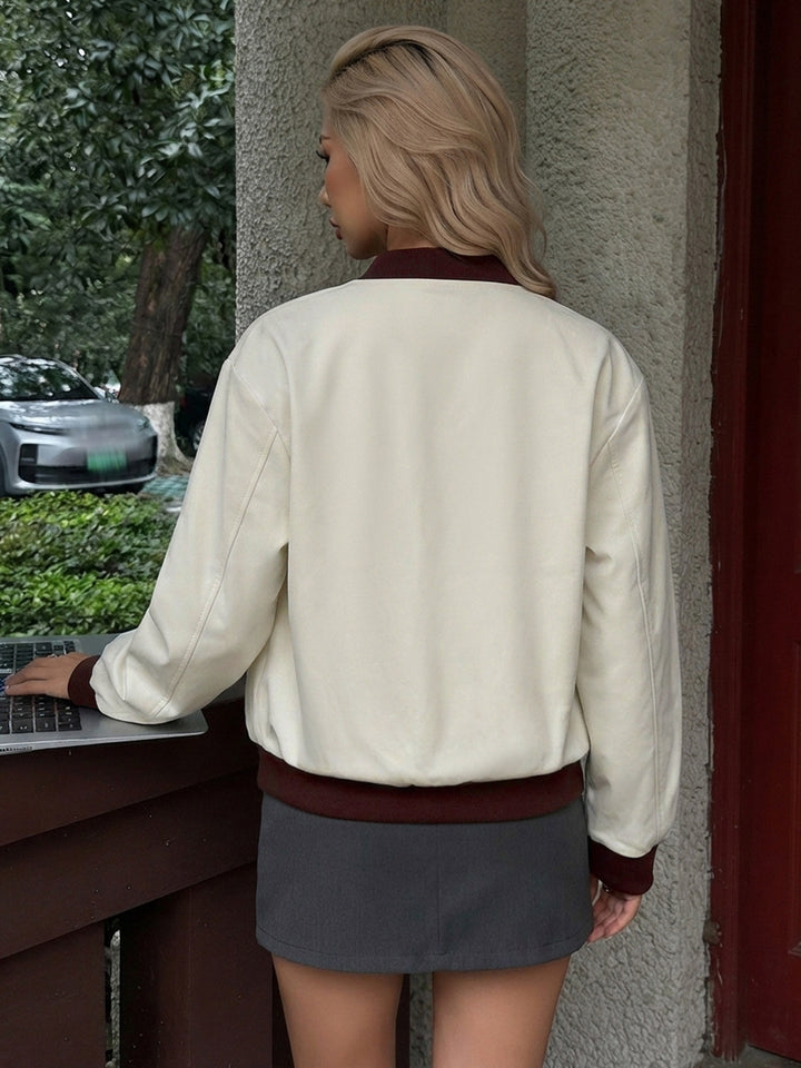 Cream Faux Leather Varsity Bomber Jacket