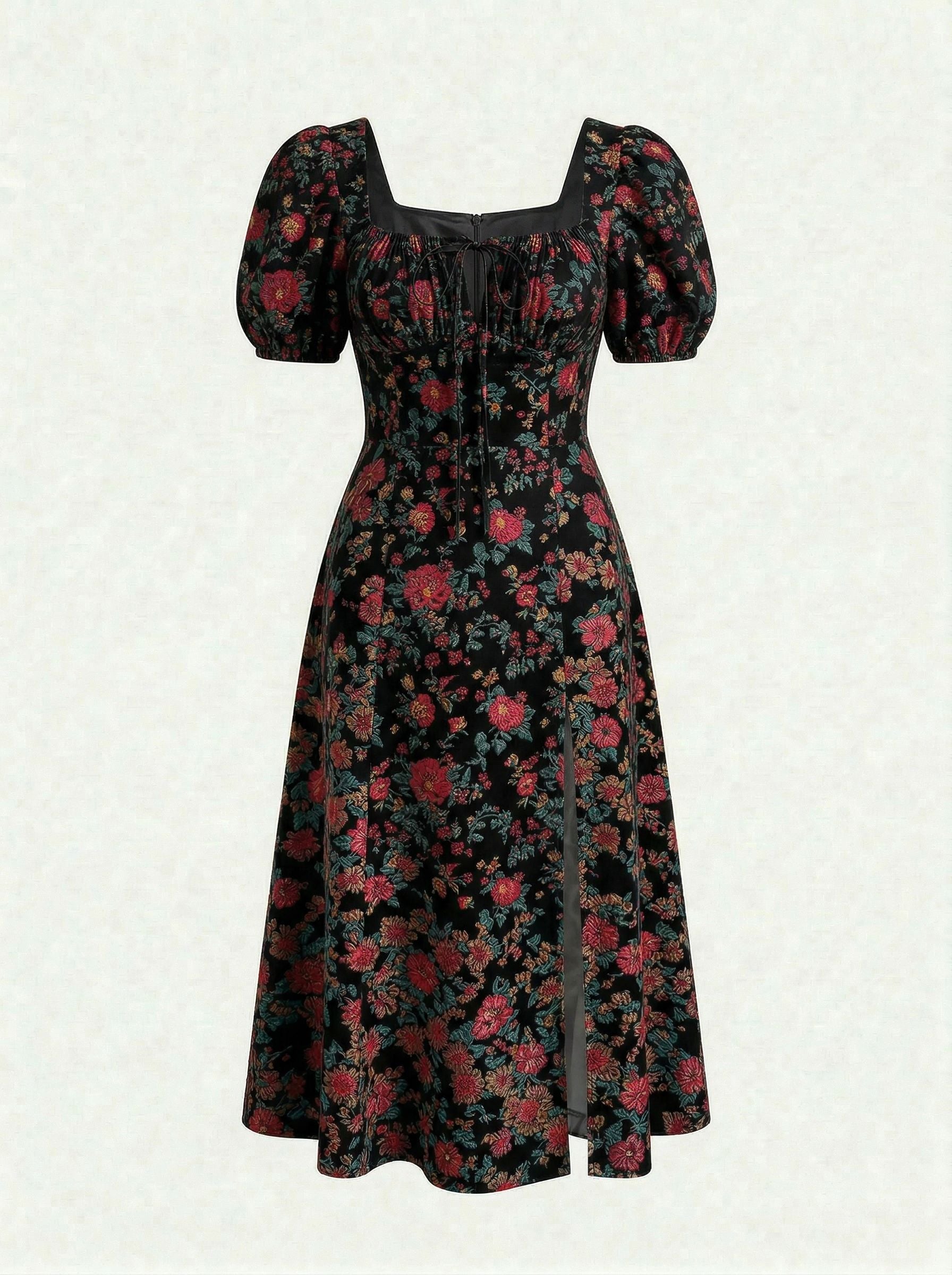 Floral Print Puff Sleeve Tie MidiDress