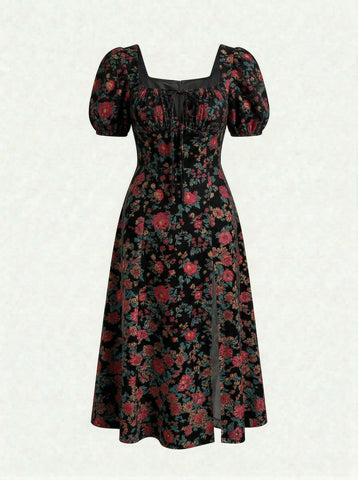 Floral Print Puff Sleeve Tie MidiDress
