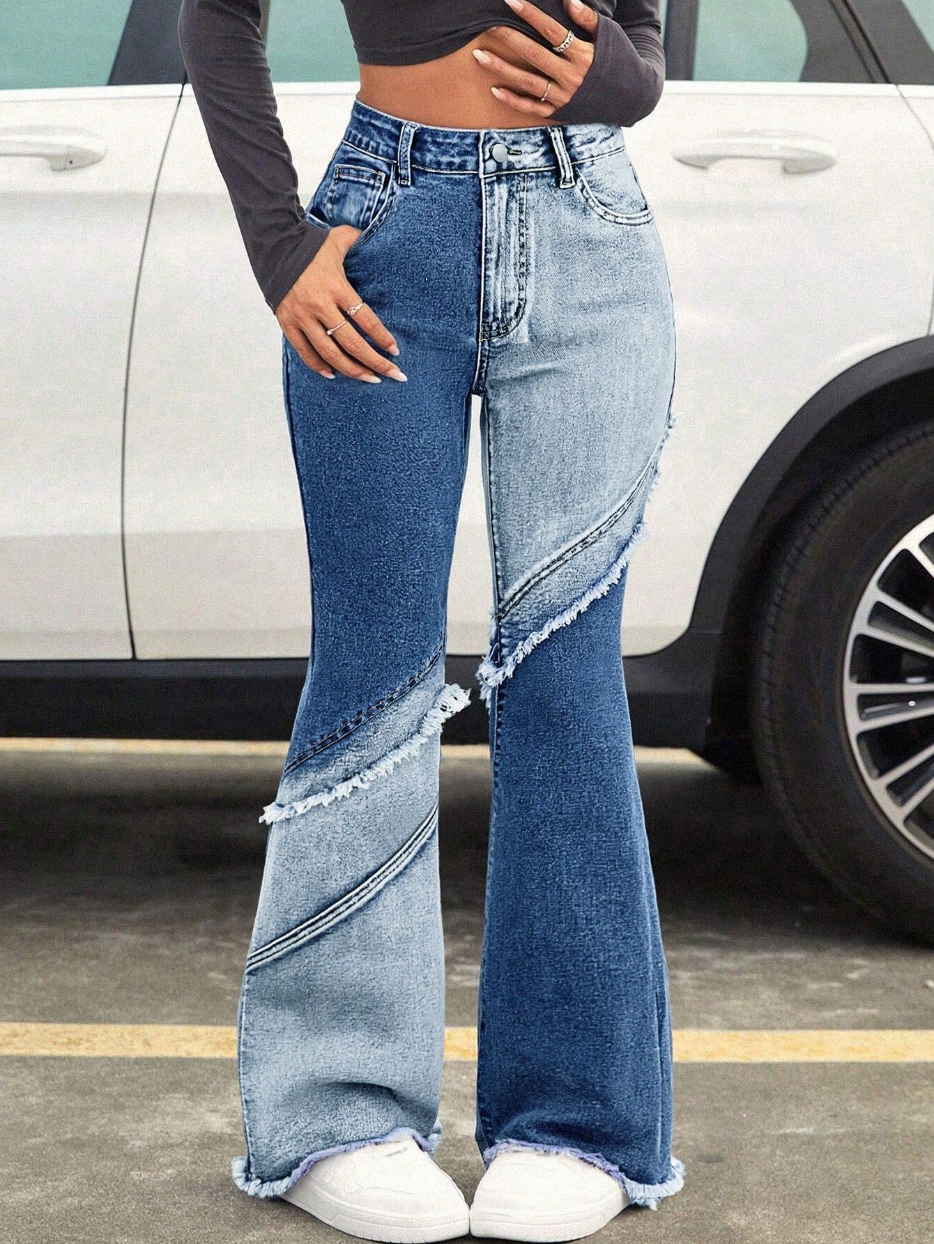 Two Tone Distressed Wide Leg Jeans